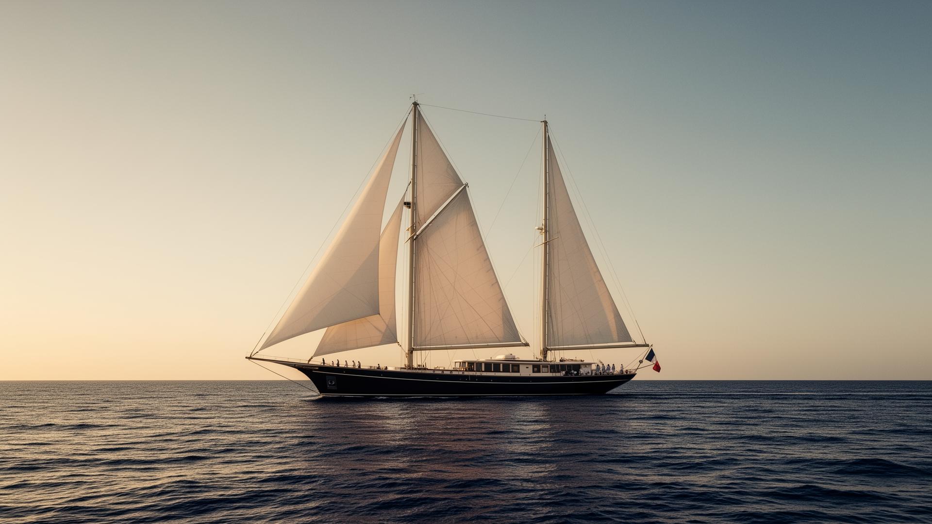 Klassische Segelyacht in goldenem Abendlicht